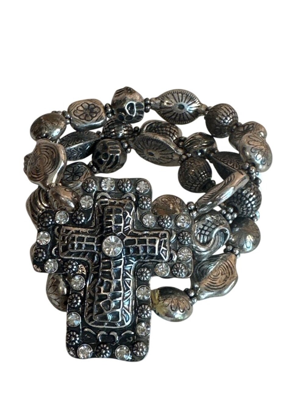 Religious Cross Bracelet Silver-Tone Multi-Bead Stretch Rhinestone Accent Chunky